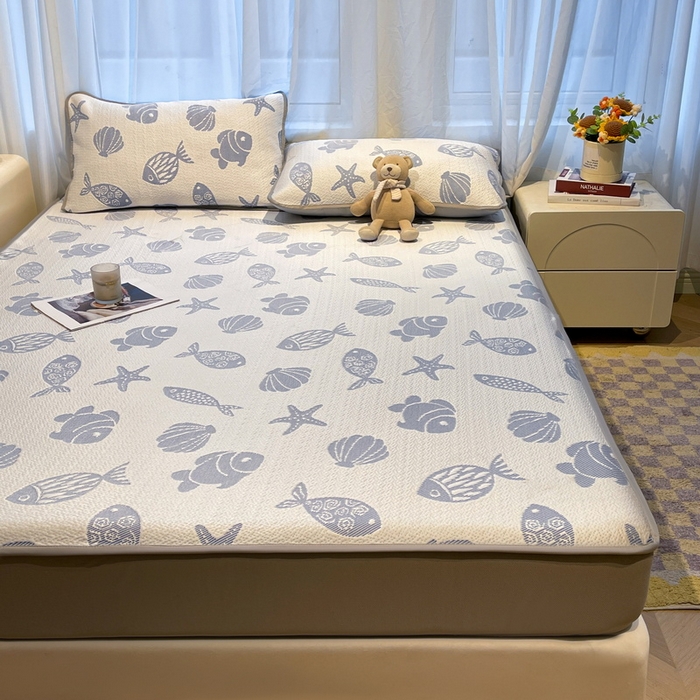 91家纺网 家纺一手货源 找家纺 LIFE.丽芙 2025春夏季新品A类针织提花冰凉豆豆凉感软席床笠三件套加厚冰丝凉席床罩单件（450克）-风格二 海底世界-海蓝