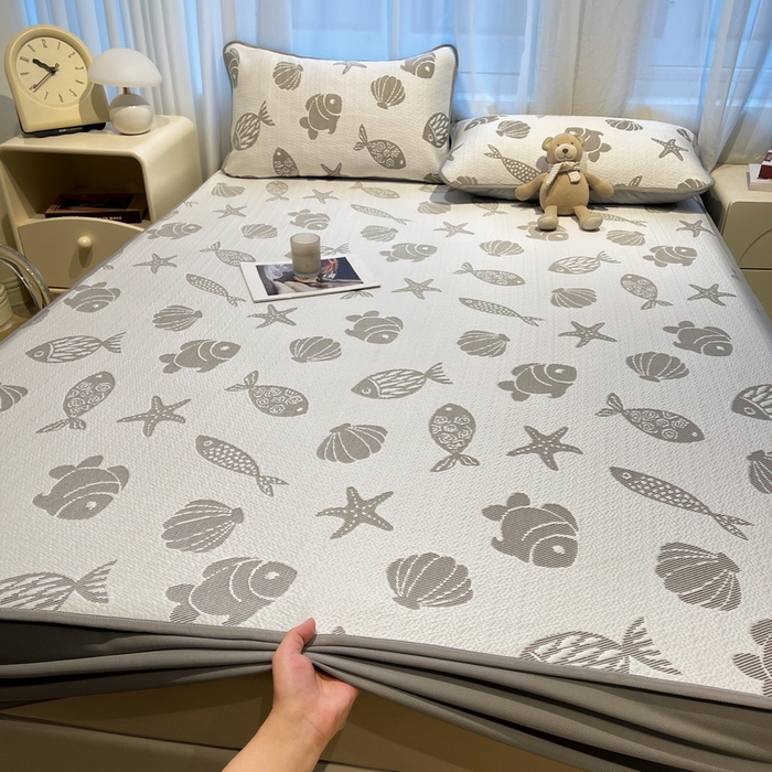 LIFE.丽芙 2025春夏季新品A类针织提花冰凉豆豆凉感软席床笠三件套加厚冰丝凉席床罩单件（450克）-风格二 海底世界-灰