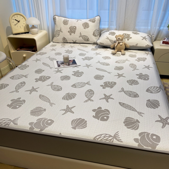 91家纺网 家纺一手货源 找家纺 LIFE.丽芙 2025春夏季新品A类针织提花冰凉豆豆凉感软席床笠三件套加厚冰丝凉席床罩单件（450克）-风格二 海底世界-灰