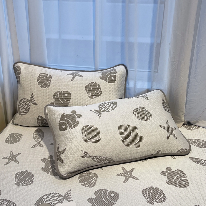 91家纺网 家纺一手货源 找家纺 LIFE.丽芙 2025春夏季新品A类针织提花冰凉豆豆凉感软席床笠三件套加厚冰丝凉席床罩单件（450克）-风格二 海底世界-灰