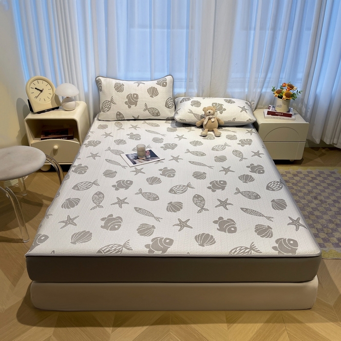 91家纺网 家纺一手货源 找家纺 LIFE.丽芙 2025春夏季新品A类针织提花冰凉豆豆凉感软席床笠三件套加厚冰丝凉席床罩单件（450克）-风格二 海底世界-灰