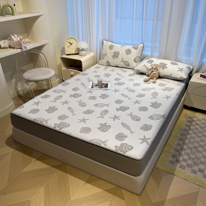 91家纺网 家纺一手货源 找家纺 LIFE.丽芙 2025春夏季新品A类针织提花冰凉豆豆凉感软席床笠三件套加厚冰丝凉席床罩单件（450克）-风格二 海底世界-灰