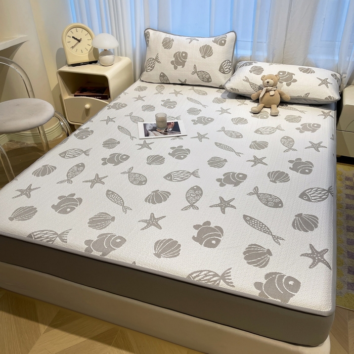 91家纺网 家纺一手货源 找家纺 LIFE.丽芙 2025春夏季新品A类针织提花冰凉豆豆凉感软席床笠三件套加厚冰丝凉席床罩单件（450克）-风格二 海底世界-灰