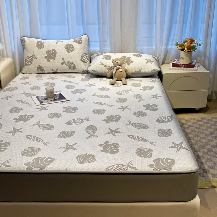 91家纺网 家纺一手货源 找家纺 LIFE.丽芙 2025春夏季新品A类针织提花冰凉豆豆凉感软席床笠三件套加厚冰丝凉席床罩单件（450克）-风格二 海底世界-灰