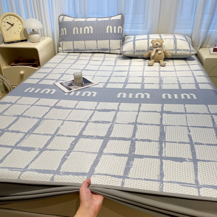 LIFE.丽芙 2025春夏季新品A类针织提花冰凉豆豆凉感软席床笠三件套加厚冰丝凉席床罩单件（450克）-风格二 几何字母-海蓝