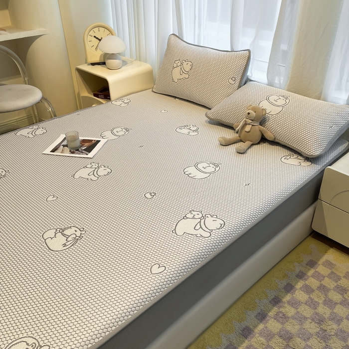 91家纺网 家纺一手货源 找家纺 LIFE.丽芙 2025春夏季新品A类针织提花冰凉豆豆凉感软席床笠三件套加厚冰丝凉席床罩单件（450克）-风格二 卡皮巴拉-灰