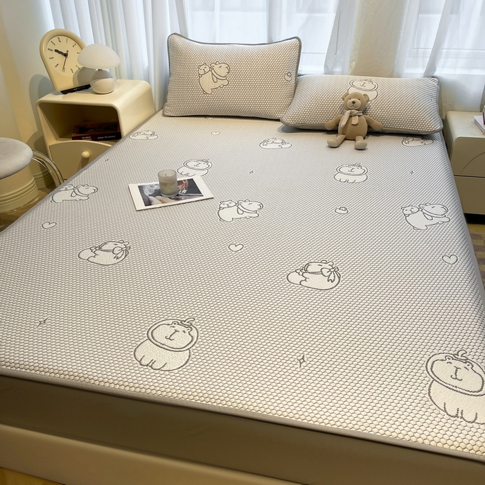 91家纺网 家纺一手货源 找家纺 LIFE.丽芙 2025春夏季新品A类针织提花冰凉豆豆凉感软席床笠三件套加厚冰丝凉席床罩单件（450克）-风格二 卡皮巴拉-灰