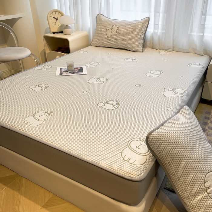 91家纺网 家纺一手货源 找家纺 LIFE.丽芙 2025春夏季新品A类针织提花冰凉豆豆凉感软席床笠三件套加厚冰丝凉席床罩单件（450克）-风格二 卡皮巴拉-绿