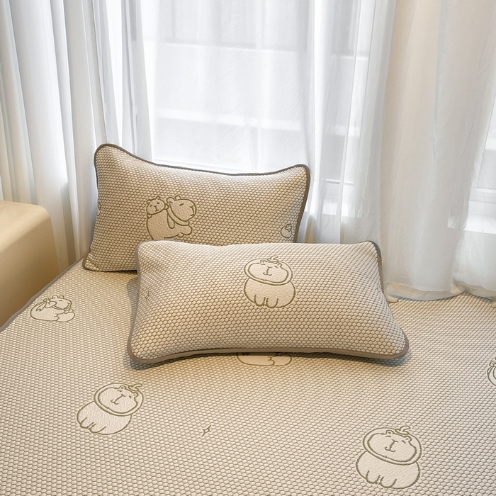 91家纺网 家纺一手货源 找家纺 LIFE.丽芙 2025春夏季新品A类针织提花冰凉豆豆凉感软席床笠三件套加厚冰丝凉席床罩单件（450克）-风格二 卡皮巴拉-绿