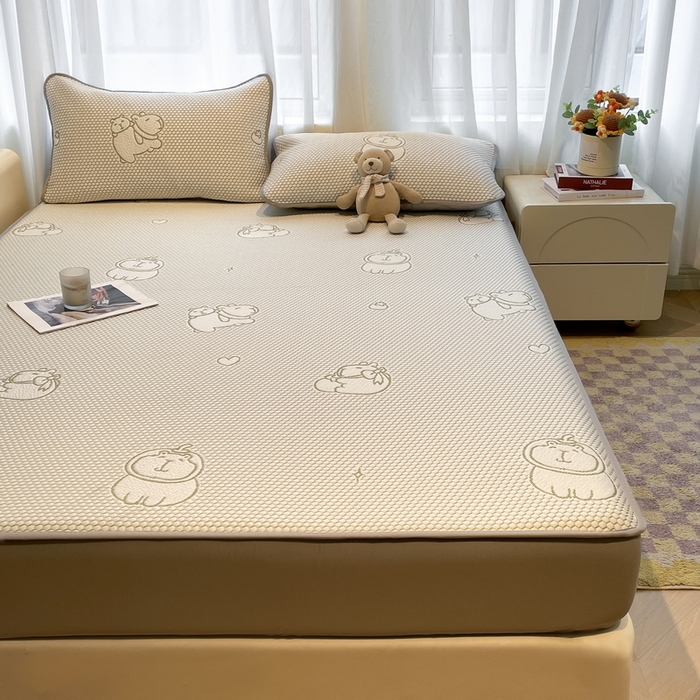 91家纺网 家纺一手货源 找家纺 LIFE.丽芙 2025春夏季新品A类针织提花冰凉豆豆凉感软席床笠三件套加厚冰丝凉席床罩单件（450克）-风格二 卡皮巴拉-绿