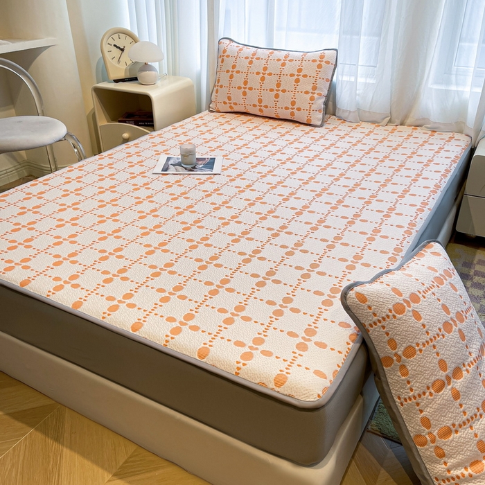 91家纺网 家纺一手货源 找家纺 LIFE.丽芙 2025春夏季新品A类针织提花冰凉豆豆凉感软席床笠三件套加厚冰丝凉席床罩单件（450克）-风格二 维塔-橘