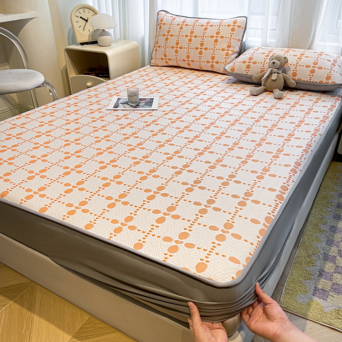 91家纺网 家纺一手货源 找家纺 LIFE.丽芙 2025春夏季新品A类针织提花冰凉豆豆凉感软席床笠三件套加厚冰丝凉席床罩单件（450克）-风格二 维塔-橘