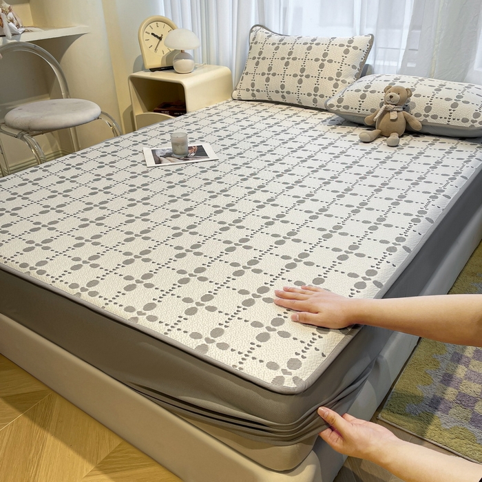 91家纺网 家纺一手货源 找家纺 LIFE.丽芙 2025春夏季新品A类针织提花冰凉豆豆凉感软席床笠三件套加厚冰丝凉席床罩单件（450克）-风格二 维塔-灰