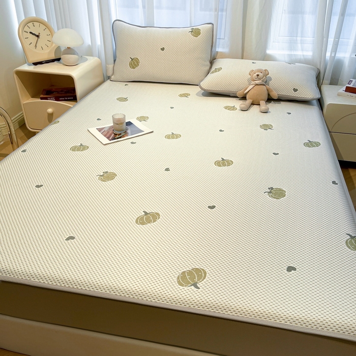 91家纺网 家纺一手货源 找家纺 LIFE.丽芙 2025春夏季新品A类针织提花冰凉豆豆凉感软席床笠三件套加厚冰丝凉席床罩单件（450克）-风格二 南瓜-绿