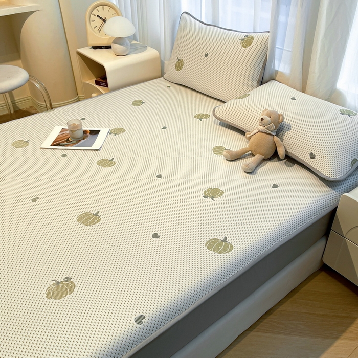 91家纺网 家纺一手货源 找家纺 LIFE.丽芙 2025春夏季新品A类针织提花冰凉豆豆凉感软席床笠三件套加厚冰丝凉席床罩单件（450克）-风格二 南瓜-绿