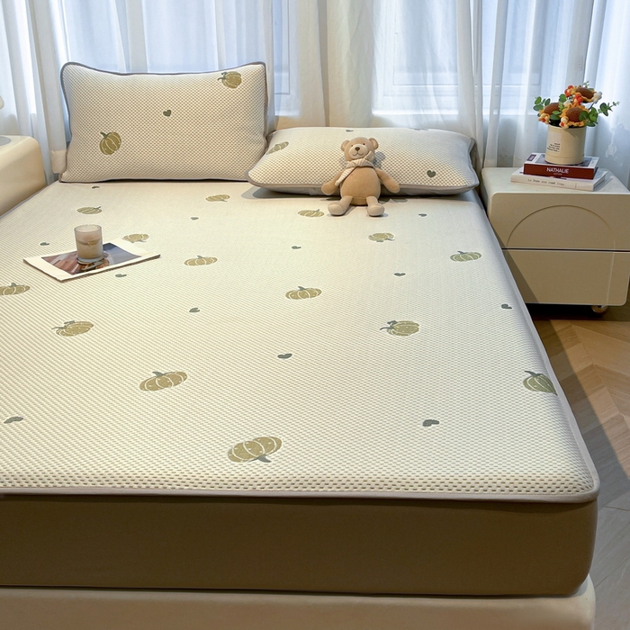 91家纺网 家纺一手货源 找家纺 LIFE.丽芙 2025春夏季新品A类针织提花冰凉豆豆凉感软席床笠三件套加厚冰丝凉席床罩单件（450克）-风格二 南瓜-绿