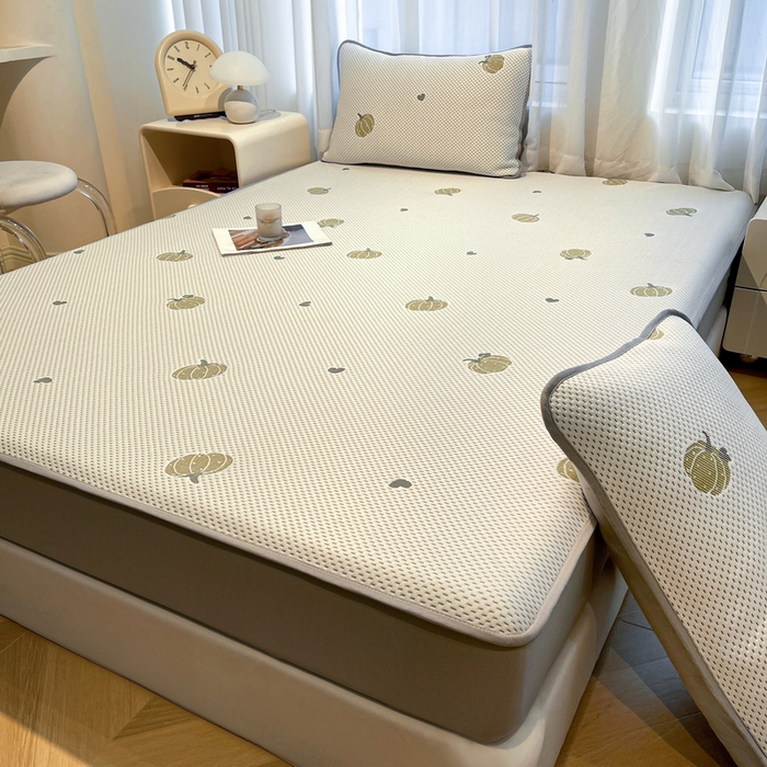 91家纺网 家纺一手货源 找家纺 LIFE.丽芙 2025春夏季新品A类针织提花冰凉豆豆凉感软席床笠三件套加厚冰丝凉席床罩单件（450克）-风格二 南瓜-绿