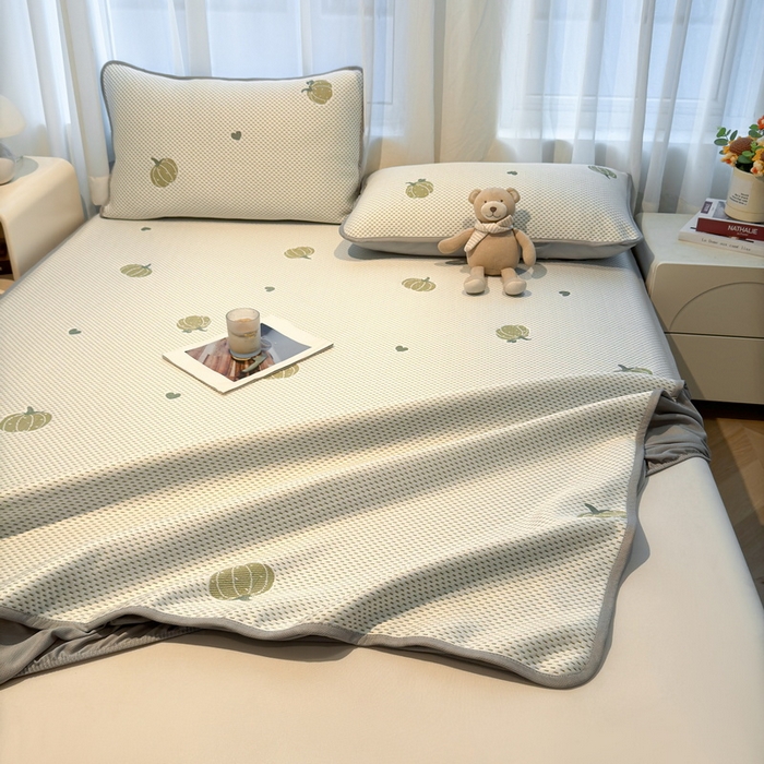 91家纺网 家纺一手货源 找家纺 LIFE.丽芙 2025春夏季新品A类针织提花冰凉豆豆凉感软席床笠三件套加厚冰丝凉席床罩单件（450克）-风格二 南瓜-绿