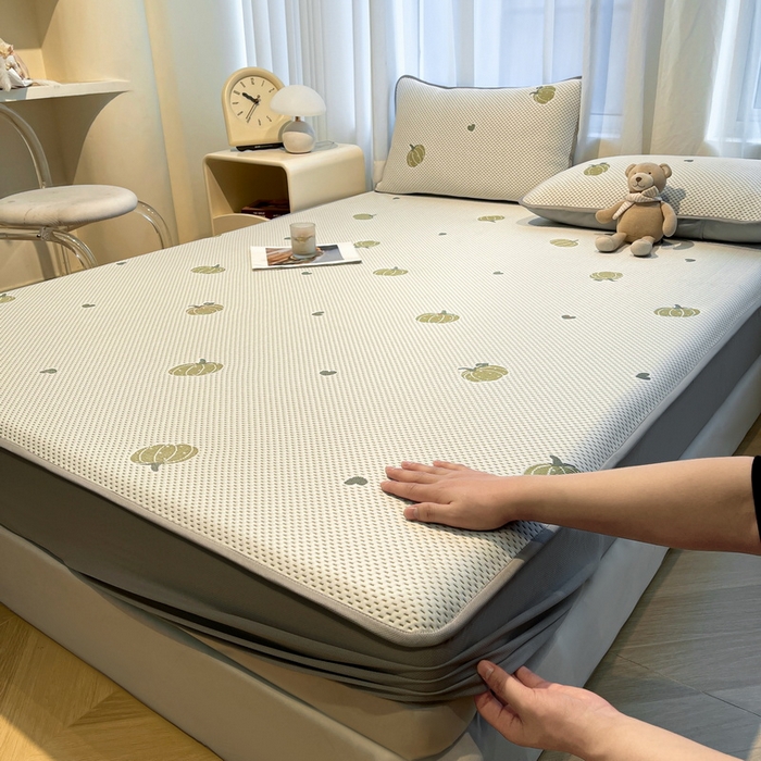 91家纺网 家纺一手货源 找家纺 LIFE.丽芙 2025春夏季新品A类针织提花冰凉豆豆凉感软席床笠三件套加厚冰丝凉席床罩单件（450克）-风格二 南瓜-绿