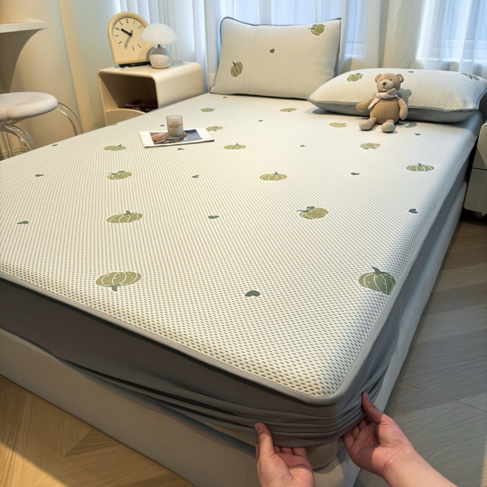 91家纺网 家纺一手货源 找家纺 LIFE.丽芙 2025春夏季新品A类针织提花冰凉豆豆凉感软席床笠三件套加厚冰丝凉席床罩单件（450克）-风格二 南瓜-绿