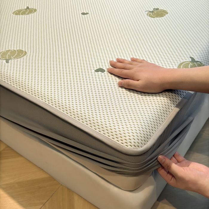 91家纺网 家纺一手货源 找家纺 LIFE.丽芙 2025春夏季新品A类针织提花冰凉豆豆凉感软席床笠三件套加厚冰丝凉席床罩单件（450克）-风格二 南瓜-绿