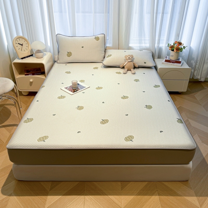 91家纺网 家纺一手货源 找家纺 LIFE.丽芙 2025春夏季新品A类针织提花冰凉豆豆凉感软席床笠三件套加厚冰丝凉席床罩单件（450克）-风格二 南瓜-绿