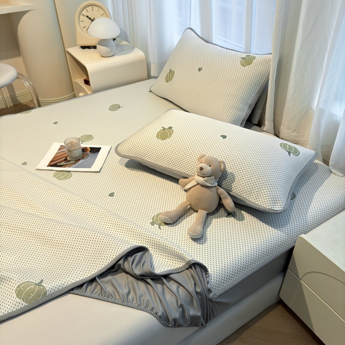 91家纺网 家纺一手货源 找家纺 LIFE.丽芙 2025春夏季新品A类针织提花冰凉豆豆凉感软席床笠三件套加厚冰丝凉席床罩单件（450克）-风格二 南瓜-绿