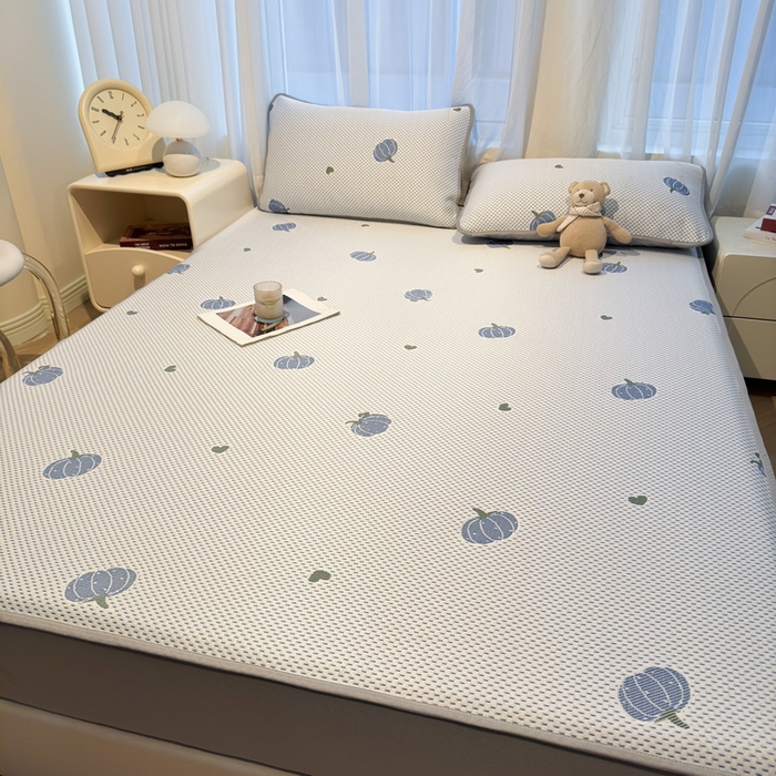 91家纺网 家纺一手货源 找家纺 LIFE.丽芙 2025春夏季新品A类针织提花冰凉豆豆凉感软席床笠三件套加厚冰丝凉席床罩单件（450克）-风格二 南瓜-海蓝