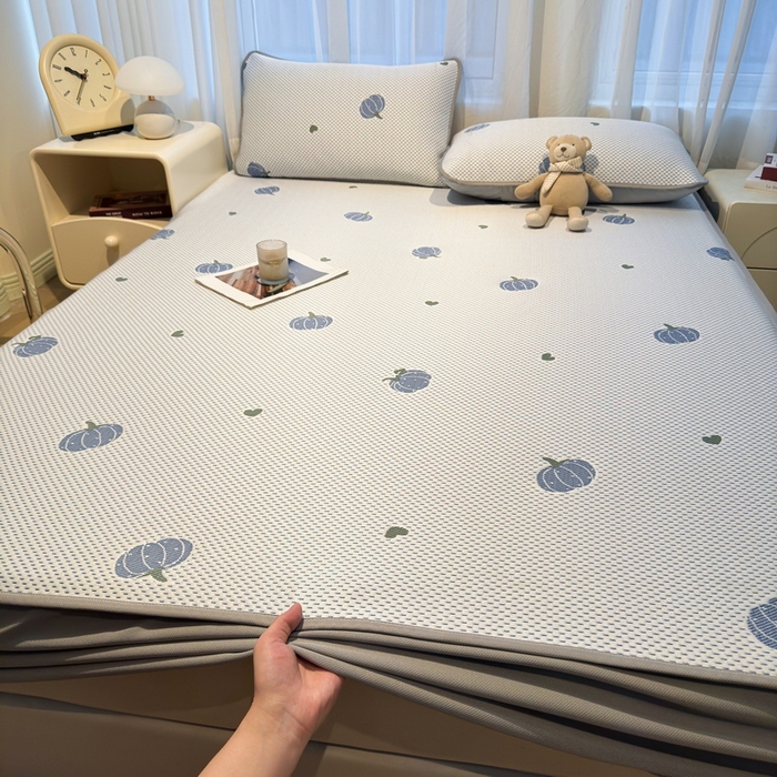 LIFE.丽芙 2025春夏季新品A类针织提花冰凉豆豆凉感软席床笠三件套加厚冰丝凉席床罩单件（450克）-风格二 南瓜-海蓝