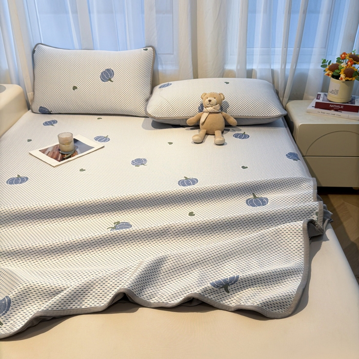 91家纺网 家纺一手货源 找家纺 LIFE.丽芙 2025春夏季新品A类针织提花冰凉豆豆凉感软席床笠三件套加厚冰丝凉席床罩单件（450克）-风格二 南瓜-海蓝