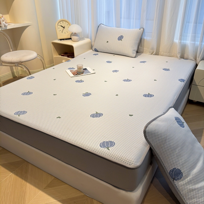 91家纺网 家纺一手货源 找家纺 LIFE.丽芙 2025春夏季新品A类针织提花冰凉豆豆凉感软席床笠三件套加厚冰丝凉席床罩单件（450克）-风格二 南瓜-海蓝