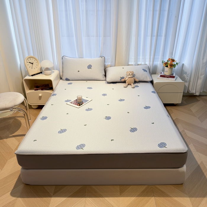 91家纺网 家纺一手货源 找家纺 LIFE.丽芙 2025春夏季新品A类针织提花冰凉豆豆凉感软席床笠三件套加厚冰丝凉席床罩单件（450克）-风格二 南瓜-海蓝