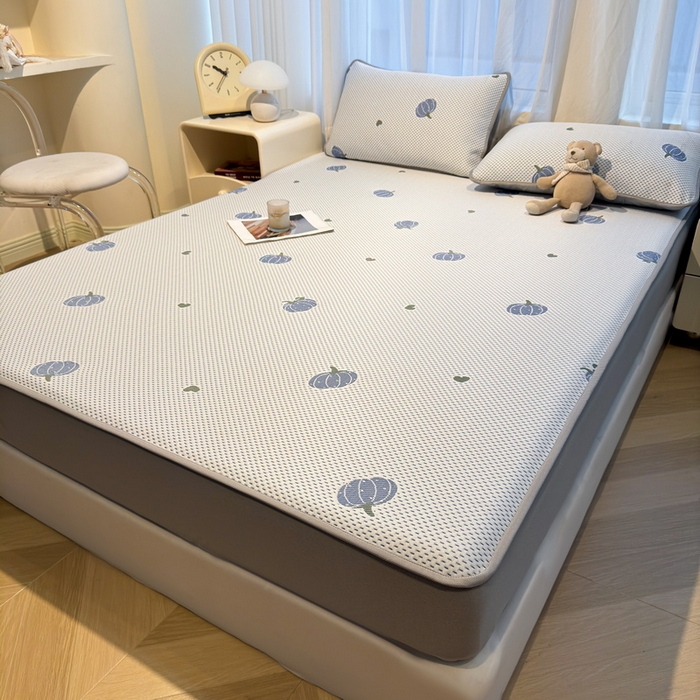 91家纺网 家纺一手货源 找家纺 LIFE.丽芙 2025春夏季新品A类针织提花冰凉豆豆凉感软席床笠三件套加厚冰丝凉席床罩单件（450克）-风格二 南瓜-海蓝