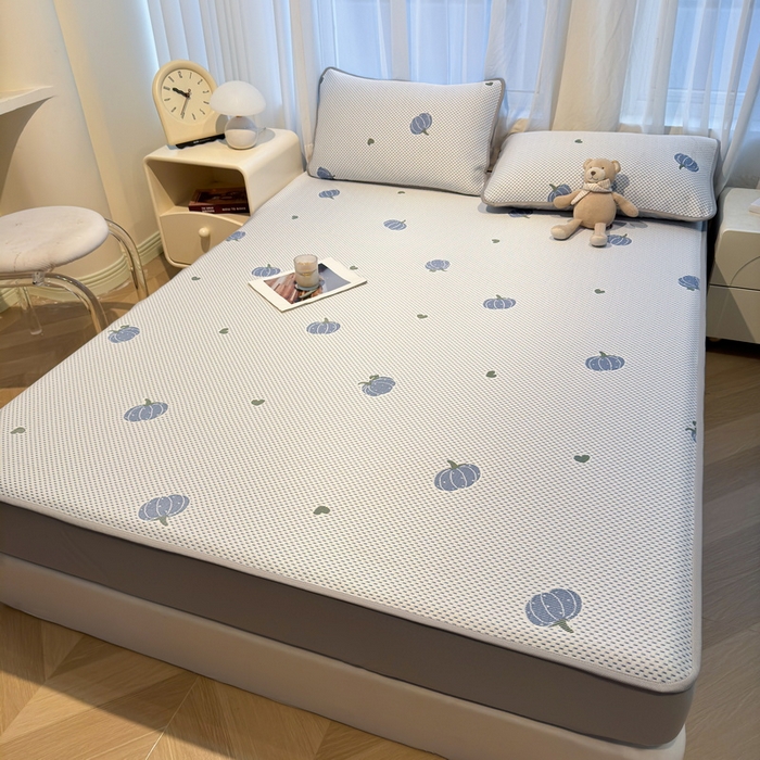 91家纺网 家纺一手货源 找家纺 LIFE.丽芙 2025春夏季新品A类针织提花冰凉豆豆凉感软席床笠三件套加厚冰丝凉席床罩单件（450克）-风格二 南瓜-海蓝