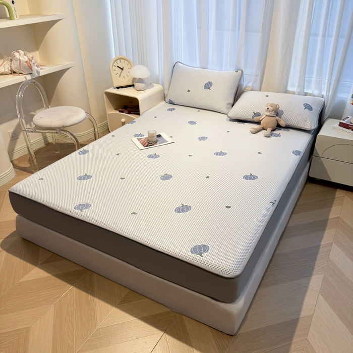 91家纺网 家纺一手货源 找家纺 LIFE.丽芙 2025春夏季新品A类针织提花冰凉豆豆凉感软席床笠三件套加厚冰丝凉席床罩单件（450克）-风格二 南瓜-海蓝