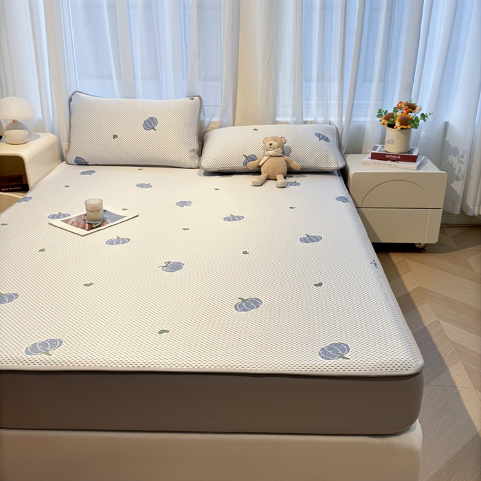 91家纺网 家纺一手货源 找家纺 LIFE.丽芙 2025春夏季新品A类针织提花冰凉豆豆凉感软席床笠三件套加厚冰丝凉席床罩单件（450克）-风格二 南瓜-海蓝