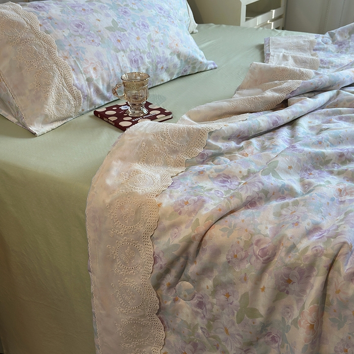 91家纺网 家纺一手货源 找家纺 （总）绫韵家纺 2025夏季新品A类全棉纯棉双层纱法式大花边夏被空调被四件套