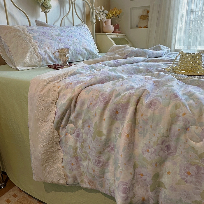 91家纺网 家纺一手货源 找家纺 （总）绫韵家纺 2025夏季新品A类全棉纯棉双层纱法式大花边夏被空调被四件套