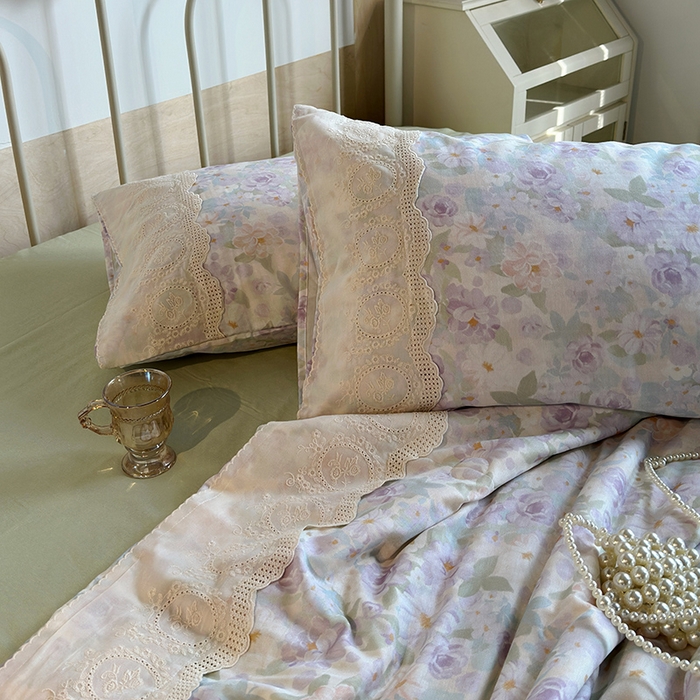 91家纺网 家纺一手货源 找家纺 （总）绫韵家纺 2025夏季新品A类全棉纯棉双层纱法式大花边夏被空调被四件套
