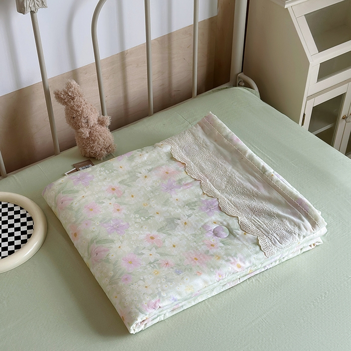 91家纺网 家纺一手货源 找家纺 （总）绫韵家纺 2025夏季新品A类全棉纯棉双层纱法式大花边夏被空调被四件套