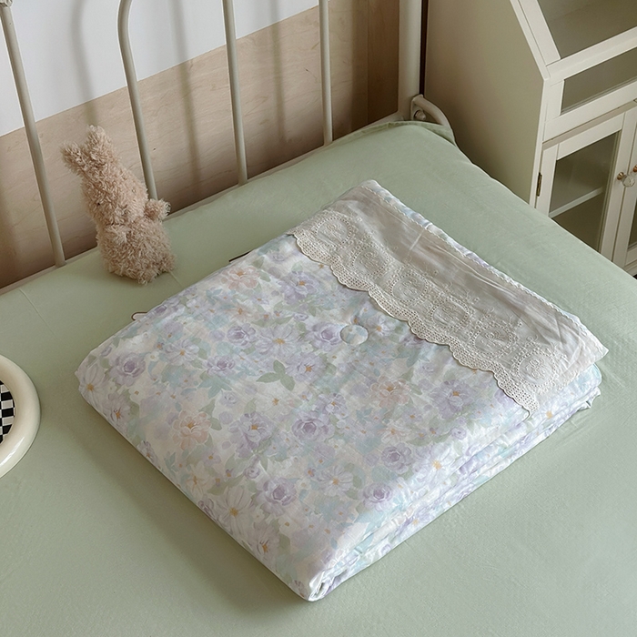 绫韵家纺 2025夏季新品A类全棉纯棉双层纱法式大花边夏被空调被四件套 国色芳华-紫