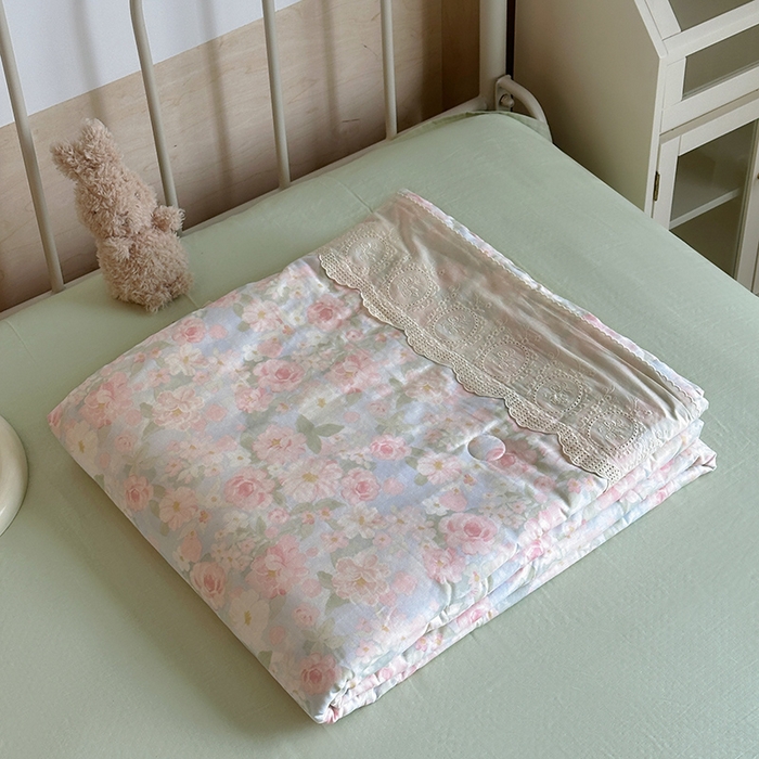 绫韵家纺 2025夏季新品A类全棉纯棉双层纱法式大花边夏被空调被四件套 国色芳华-粉