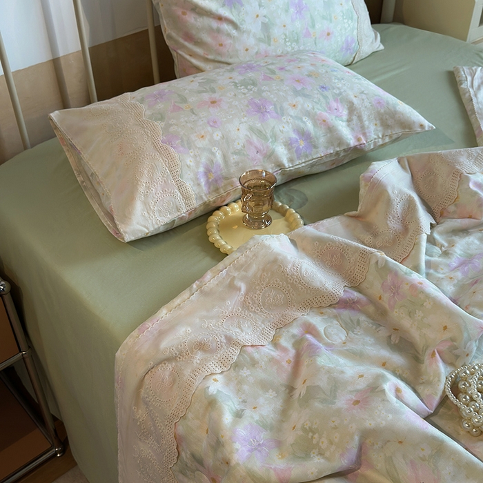 91家纺网 家纺一手货源 找家纺 绫韵家纺 2025夏季新品A类全棉纯棉双层纱法式大花边夏被空调被四件套 仲夏之夜