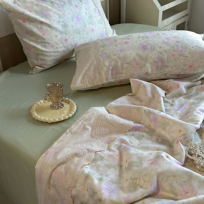 91家纺网 家纺一手货源 找家纺 绫韵家纺 2025夏季新品A类全棉纯棉双层纱法式大花边夏被空调被四件套 仲夏之夜