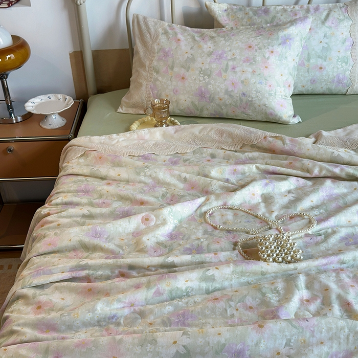 91家纺网 家纺一手货源 找家纺 绫韵家纺 2025夏季新品A类全棉纯棉双层纱法式大花边夏被空调被四件套 仲夏之夜