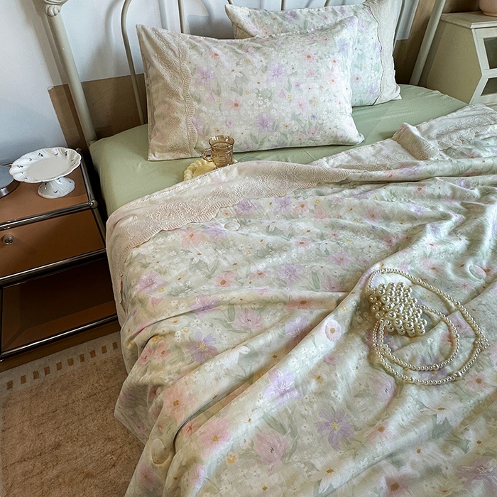 91家纺网 家纺一手货源 找家纺 绫韵家纺 2025夏季新品A类全棉纯棉双层纱法式大花边夏被空调被四件套 仲夏之夜