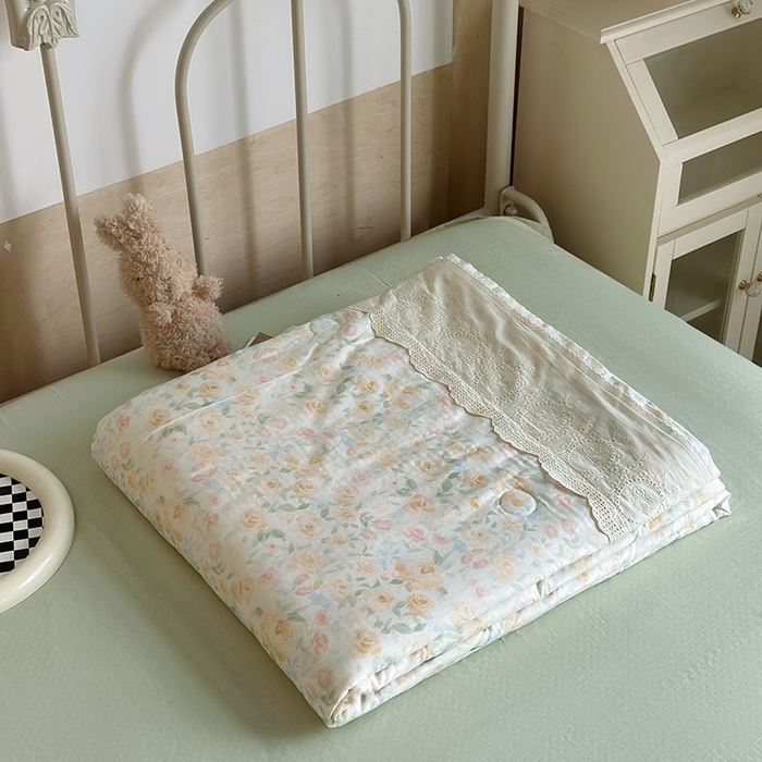 绫韵家纺 2025夏季新品A类全棉纯棉双层纱法式大花边夏被空调被四件套 月朦胧-黄