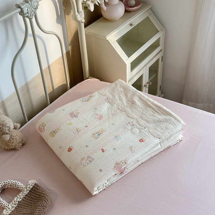 绫韵家纺 2025夏季新品A类全棉纯棉双层纱法式大花边夏被空调被四件套 茉叶