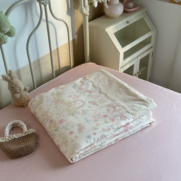 绫韵家纺 2025夏季新品A类全棉纯棉双层纱法式大花边夏被空调被四件套 庄园秘境