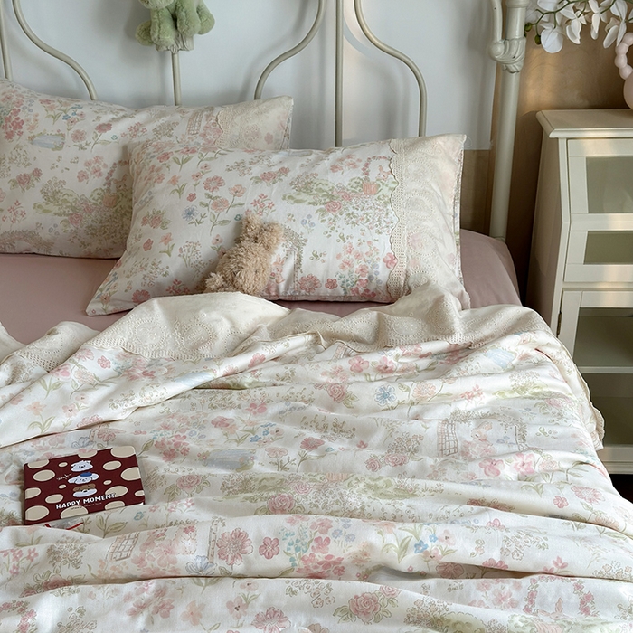 91家纺网 家纺一手货源 找家纺 绫韵家纺 2025夏季新品A类全棉纯棉双层纱法式大花边夏被空调被四件套 庄园秘境